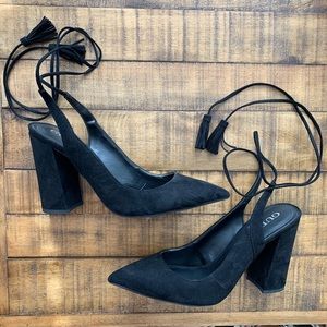 GUESS Black Pointed Lace Up Tassel Heels